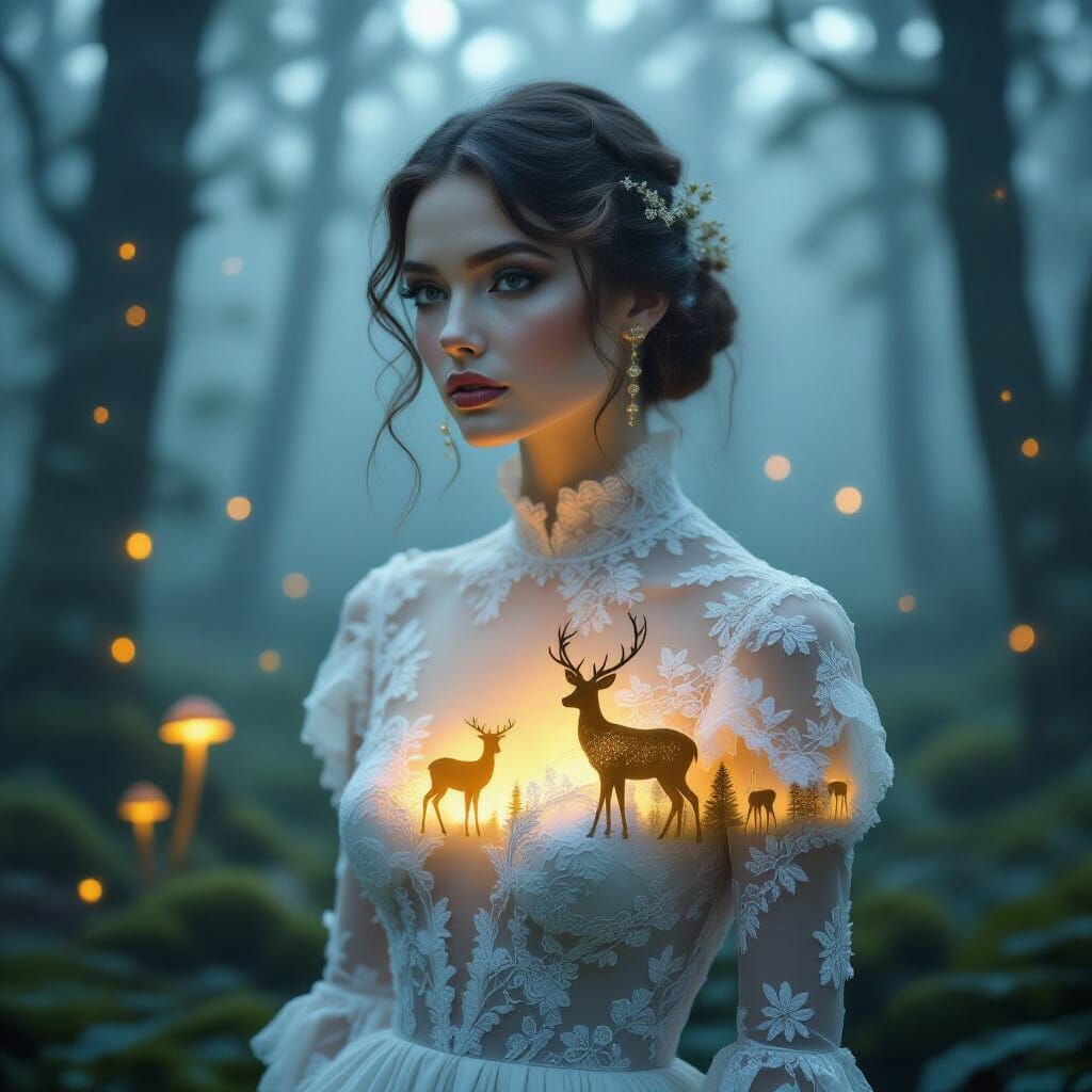 Magical Couture Portrait: Woman in Lace Dress with Golden De...