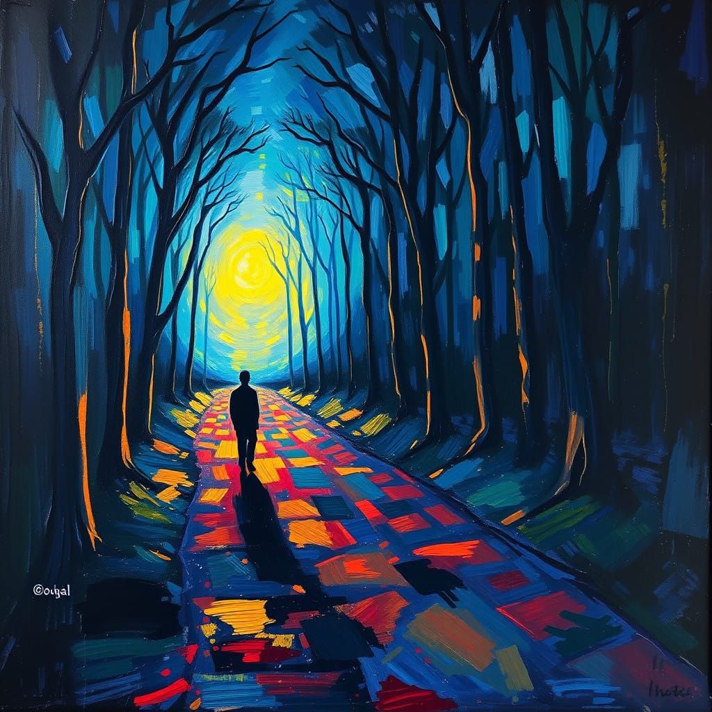 Confident Figure Walks Towards Candlelight in Mystical Fores...