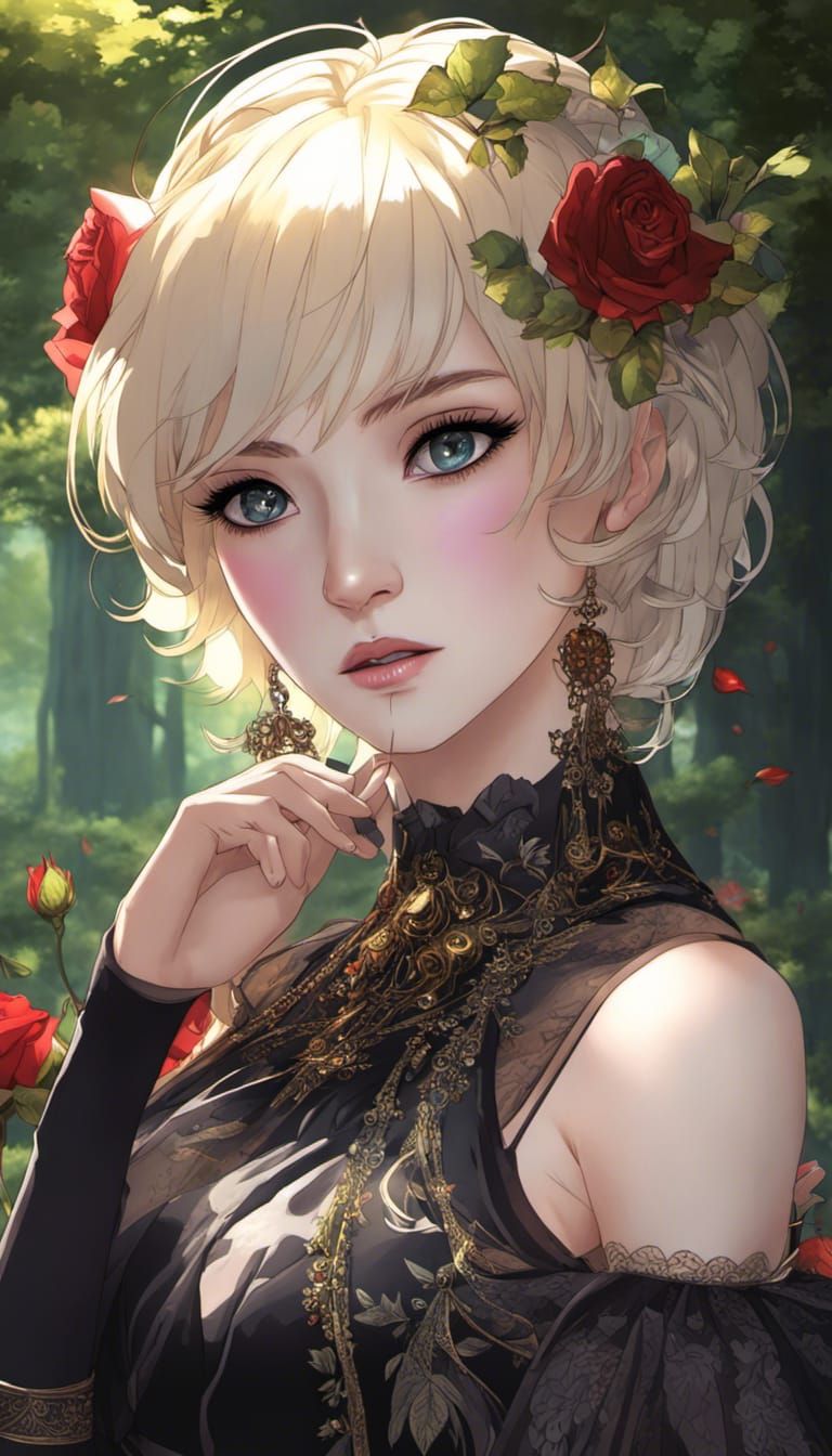 Anime Portrait: Cute Goth Goddess in Roses Forest