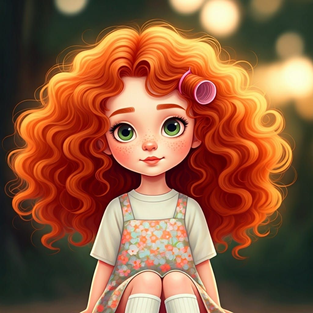 Girl with Red Hair and Pink Curler