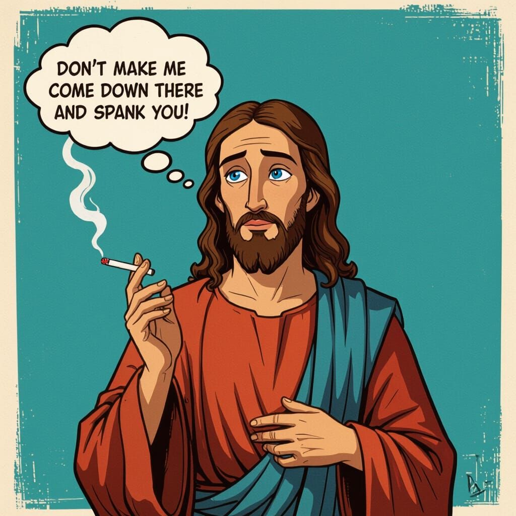 Cartoon Jesus Smoking with Funny Thought Bubble