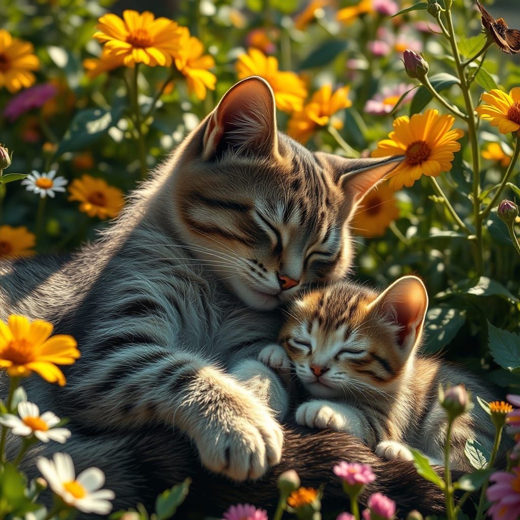 Loving Feline Duo Basks in Sunny Garden