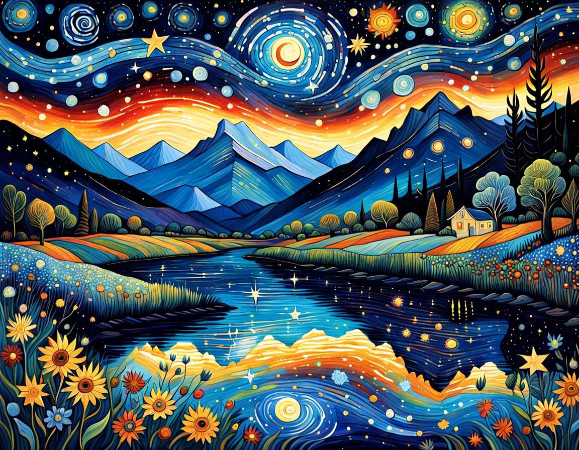 Cosmic Starry Night Storybook Illustration