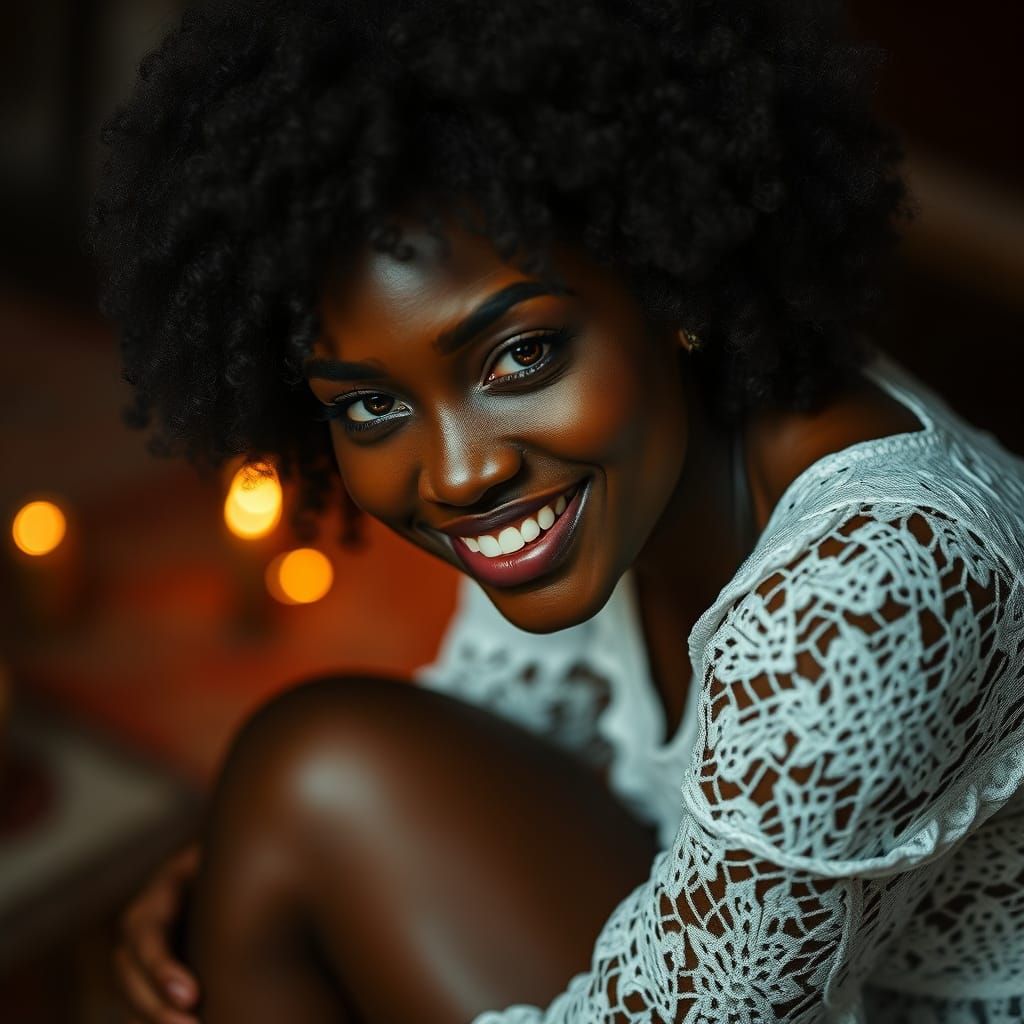 Beautiful Black Woman in White Lace Attire