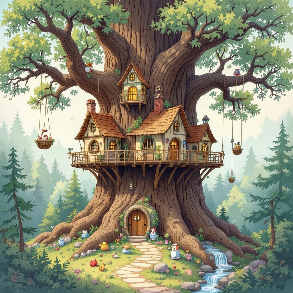 Whimsical Treehouse Village in Lush Forest