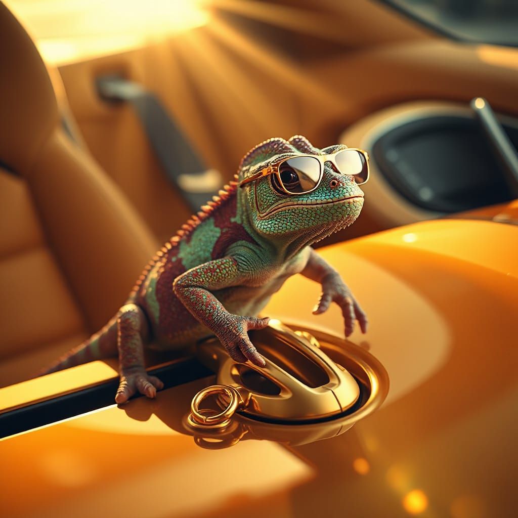 Cyberpunk Chameleon on Golden Ferrari