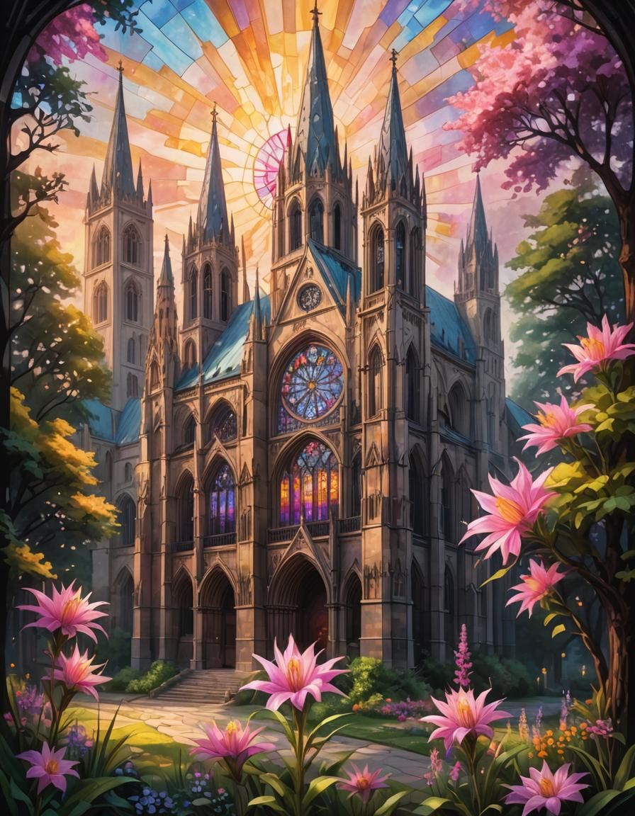 Gothic Cathedral in Vibrant Oil Painting Style