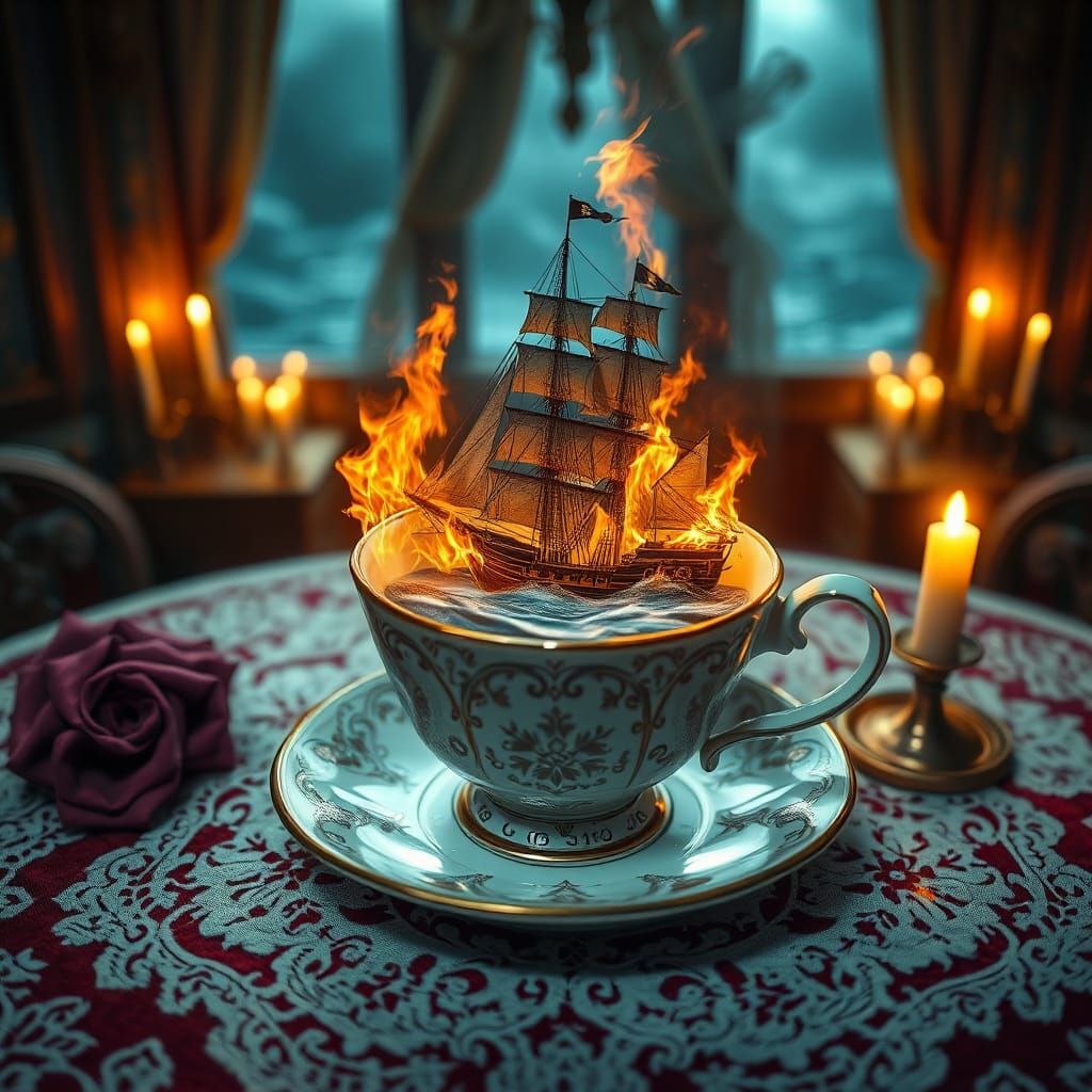 Burning Pirate Ship in Teacup: Digital Matte Painting