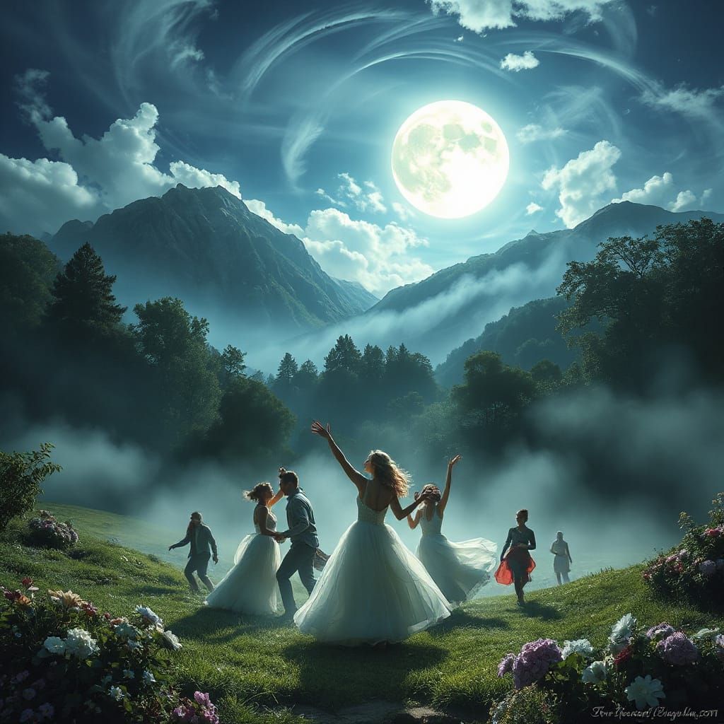 Ethereal Valley Dance Under Luminous Full Moon