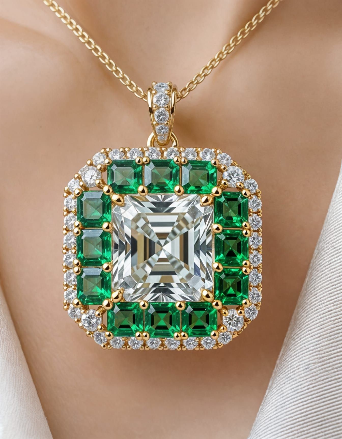 Exquisite Diamond and Emerald Pendant on Gold Chain