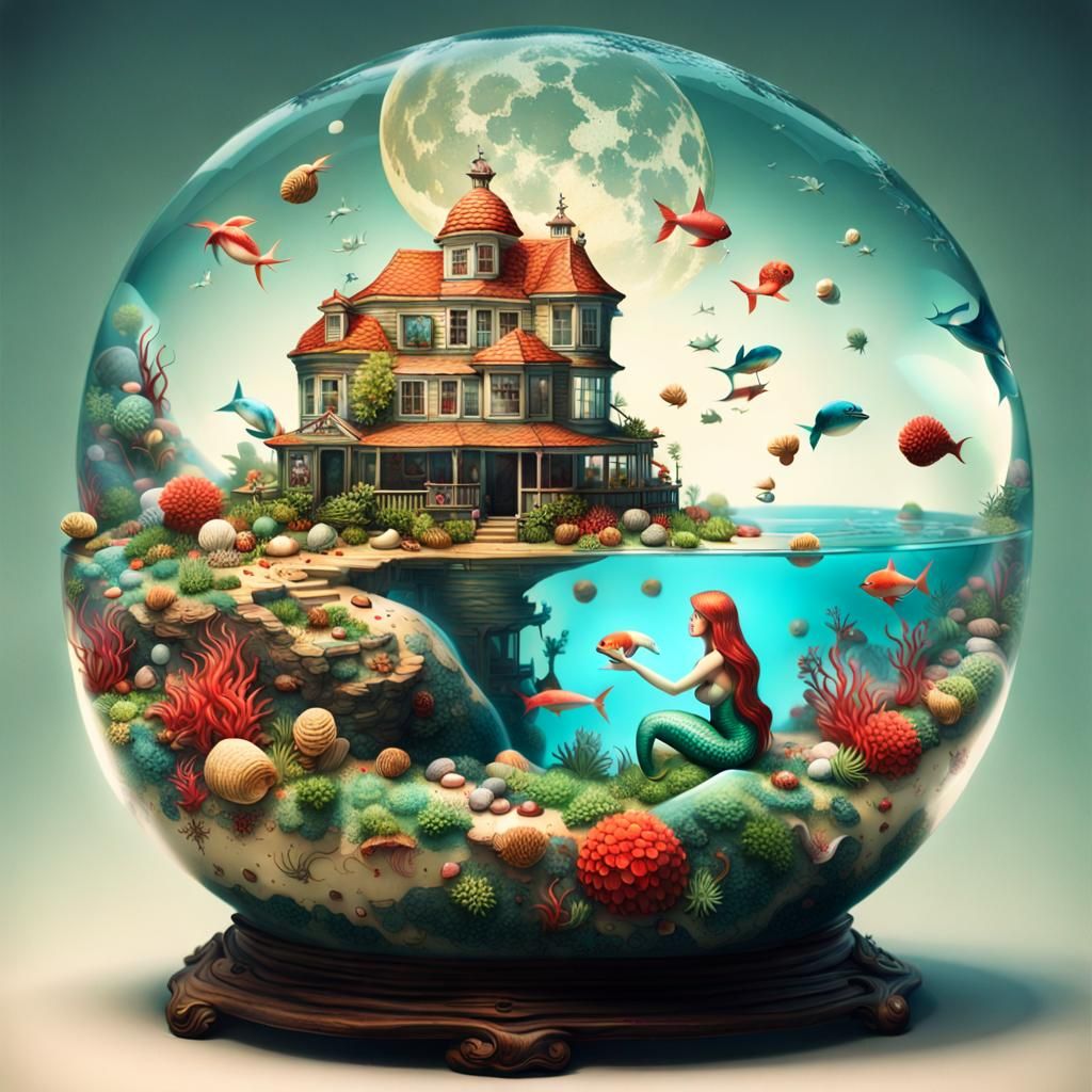 Surreal Terrarium with Mermaids and Cherries