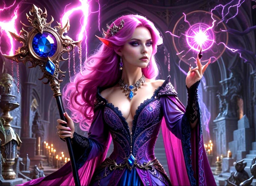 Demon Sorceress Casting Spell in Gothic Throne Room