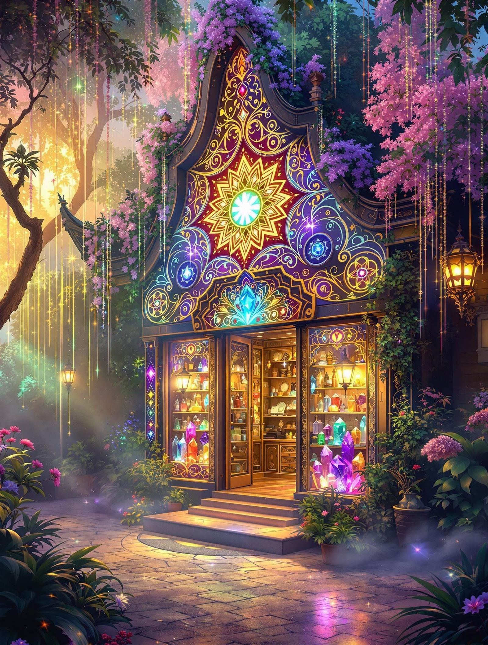 Surreal Balinese Crystal Oasis in Vibrant Bohemian Style