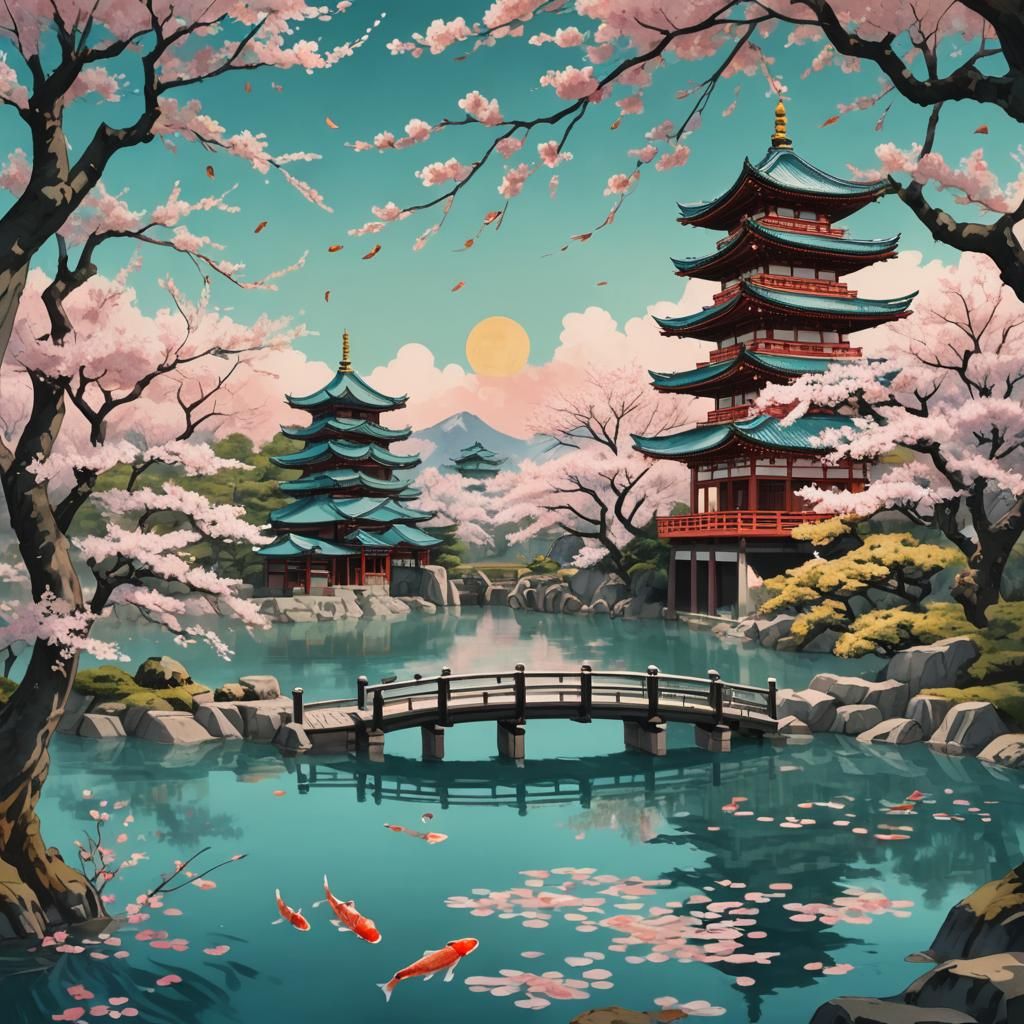 Ukiyo-e Cherry Blossoms by Pagoda and Bridge