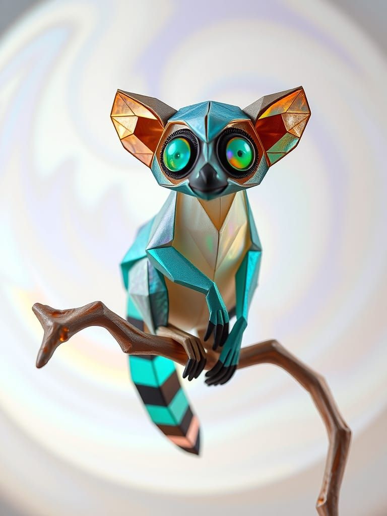 Origami Lemur in Iridescent Hues with Geometric Patterns