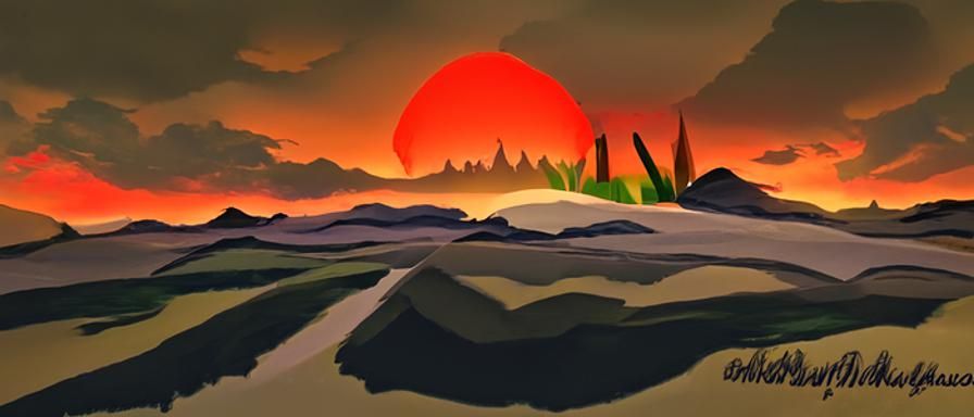 Cartoon Sunset Plains in Synthwave Style
