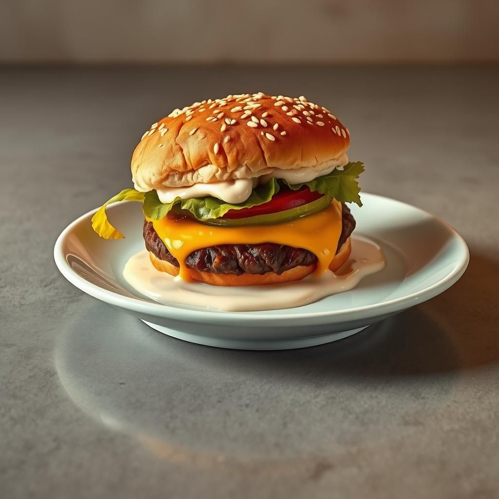 Juicy Burger on Slippery Plate, Digital Art