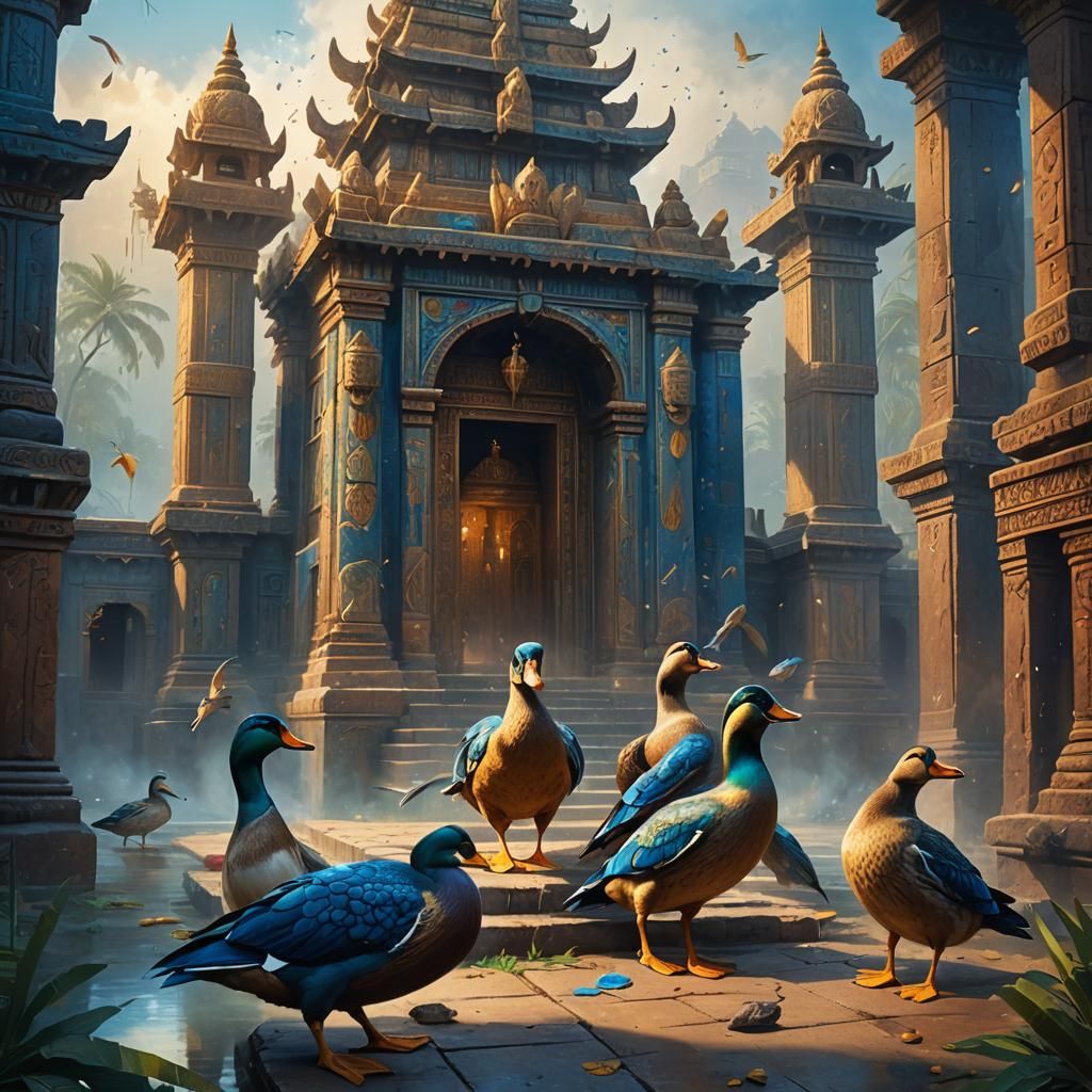Armored Ducks Invade Indian Temple: Fantasy Oil Painting