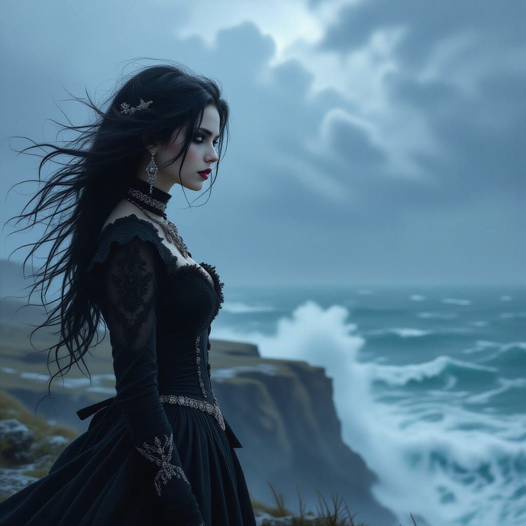 Goth Girl on Cliff Overlooking Stormy Sea in Dark Fantasy St...