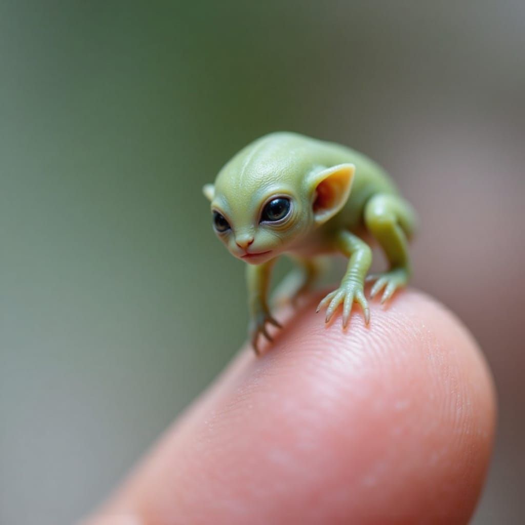 Miniature Alien Resting on Human Finger