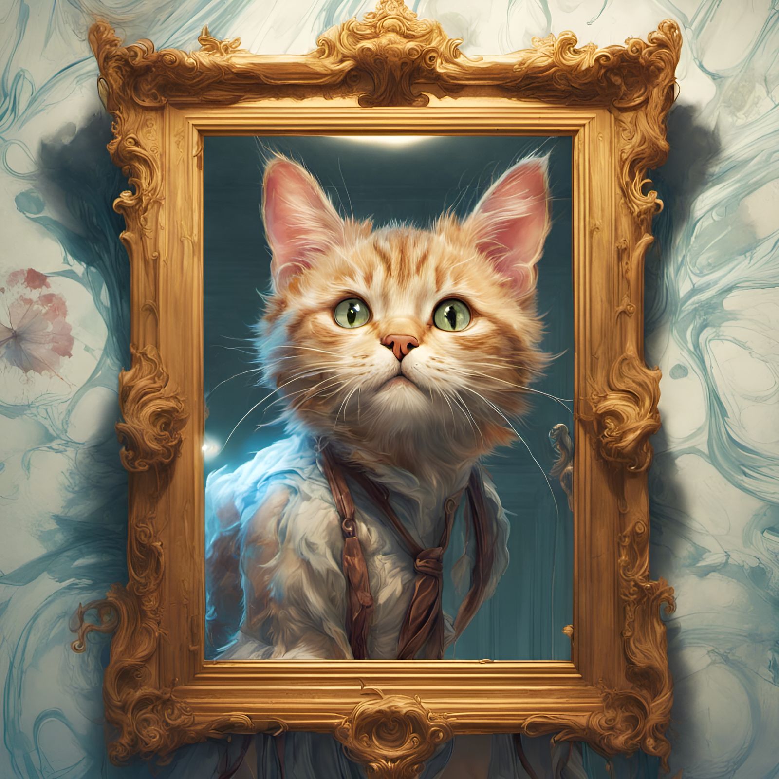 Adorable Cat Portrait in Mirror, Digital Illustration