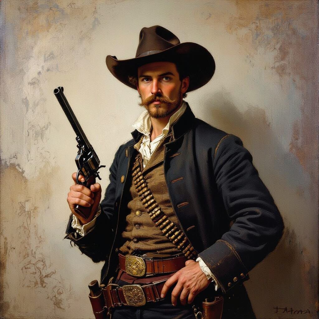 Small Chicken Cowboy with Revolver, Rembrandt Style