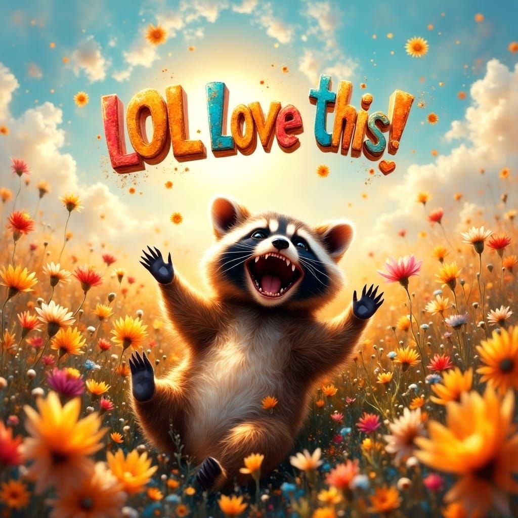 Chubby Raccoon Laughter in a Vibrant Flower Field