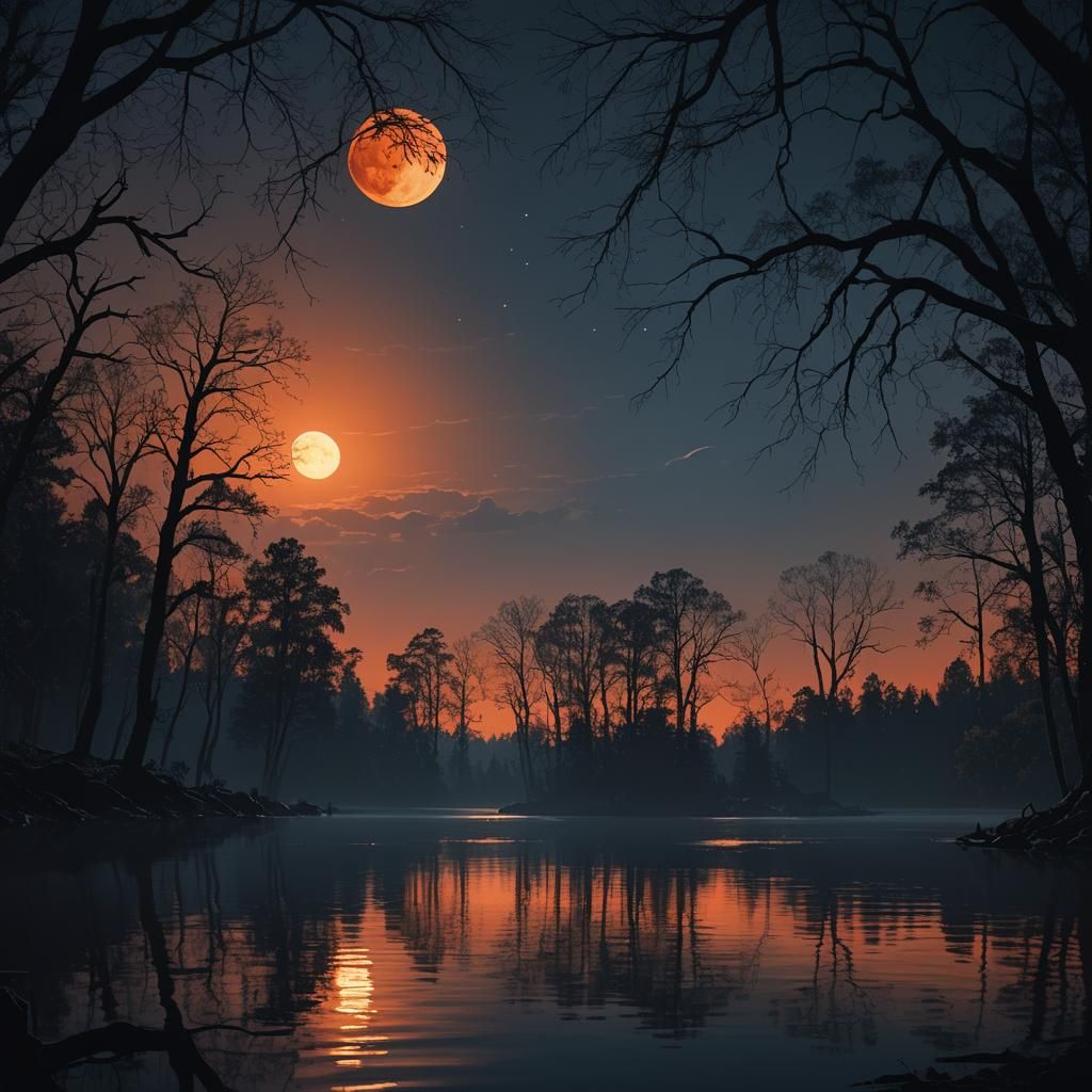 Serene Night Lake Reflects Vibrant Moon