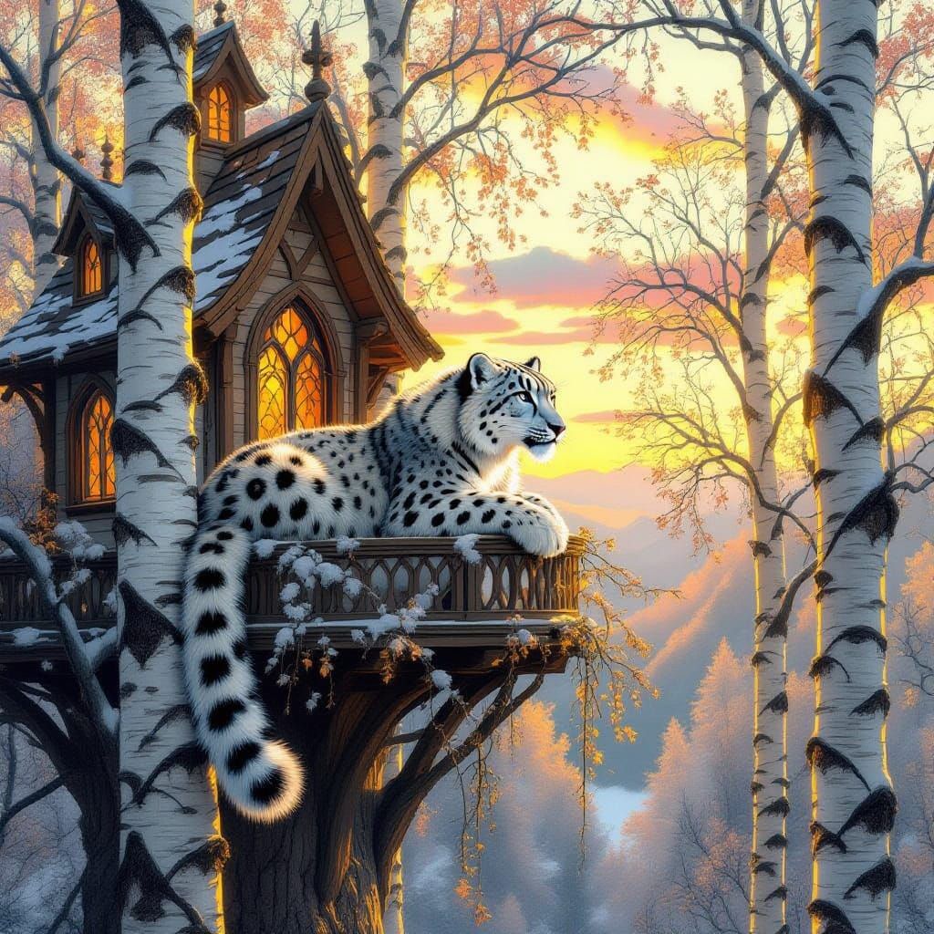 Snow Leopard in Gothic Treehouse, Digital Art