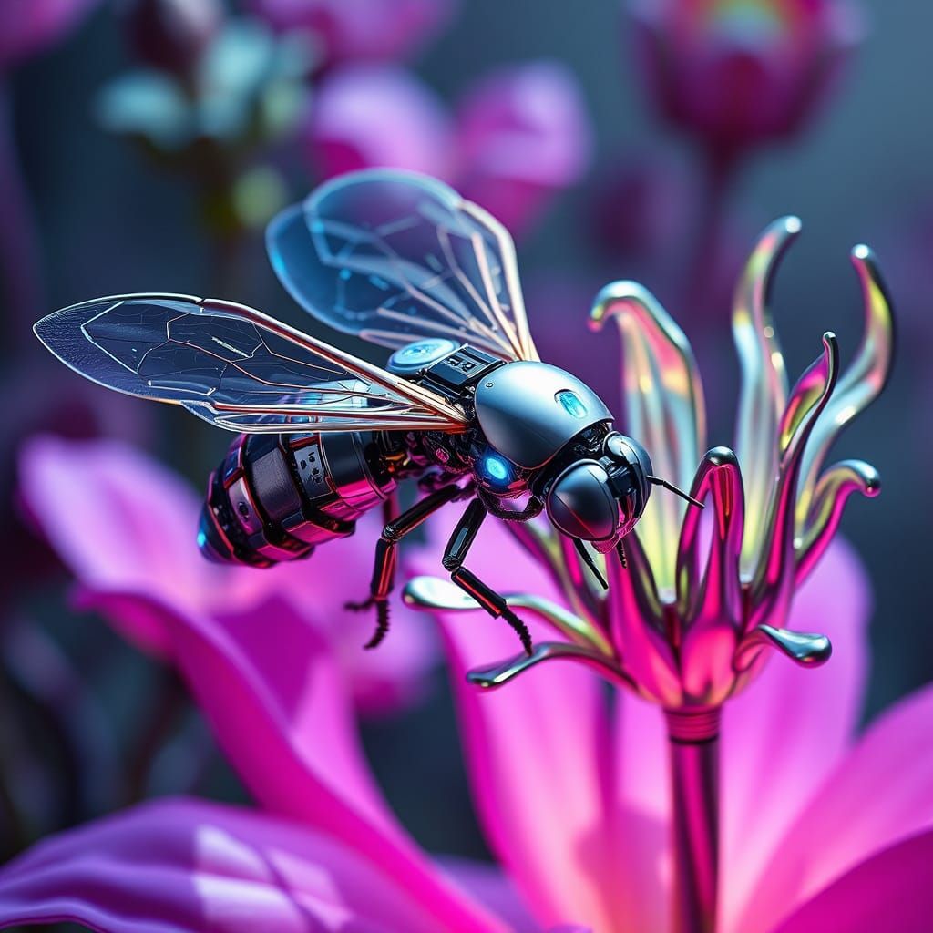 Robotic Honey Bee with Chrome Flower, Futuristic Concept Art