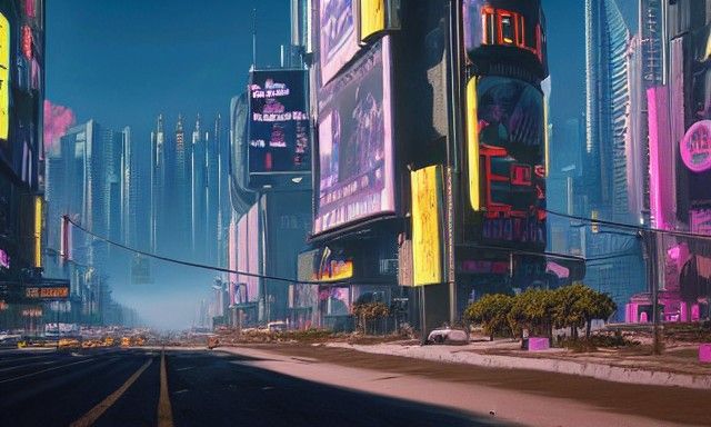 Cyberpunk Avenue with Billboards in Oil Painting Style