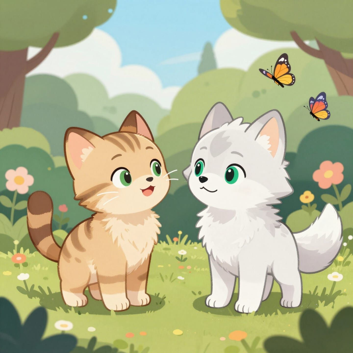 Kitten and Wolf Cub Meet in a Blooming Garden