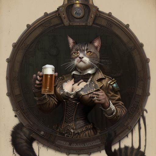 Steampunk Cat Enjoying Beer in Horror Style