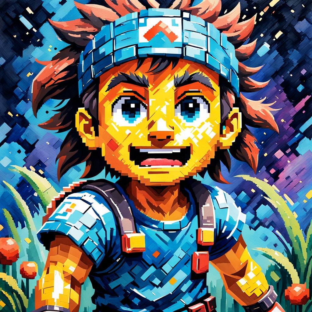 Pixelated Character in Impressionist Gouache Style