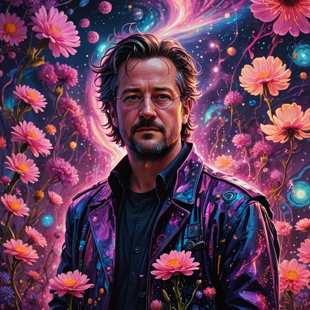 Neon Cyberpunk Galaxy with Luminous Flowers