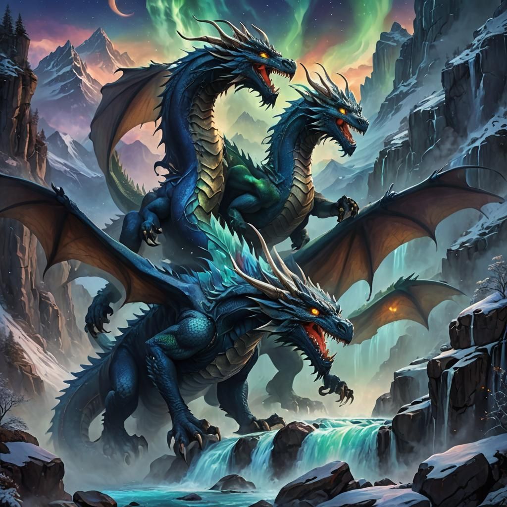 Three-Headed Dragon in Mountain Landscape