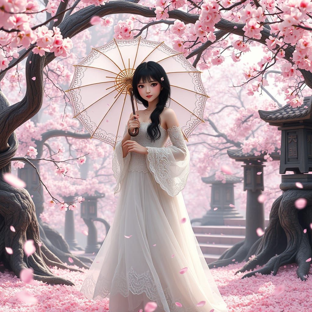 Whimsical Fantasy Girl in Cherry Blossom Shower