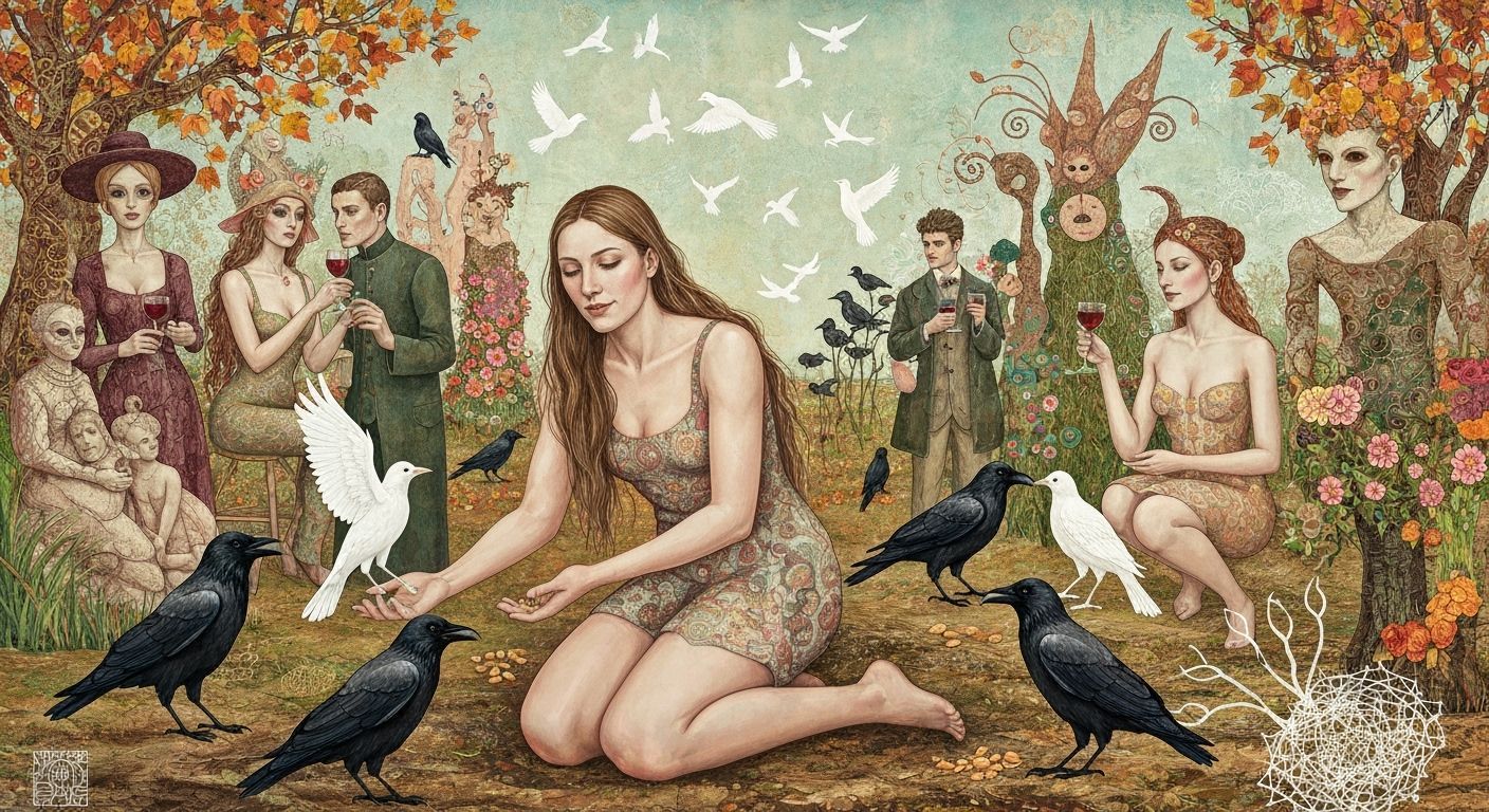 Serene Woman with Birds in Dreamlike Landscape