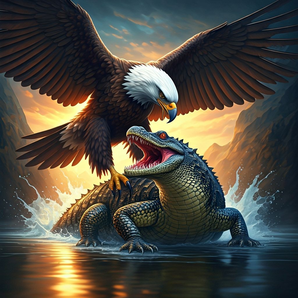 Hyperrealistic Eagle Battles Alligator in Dramatic Splash Ar...