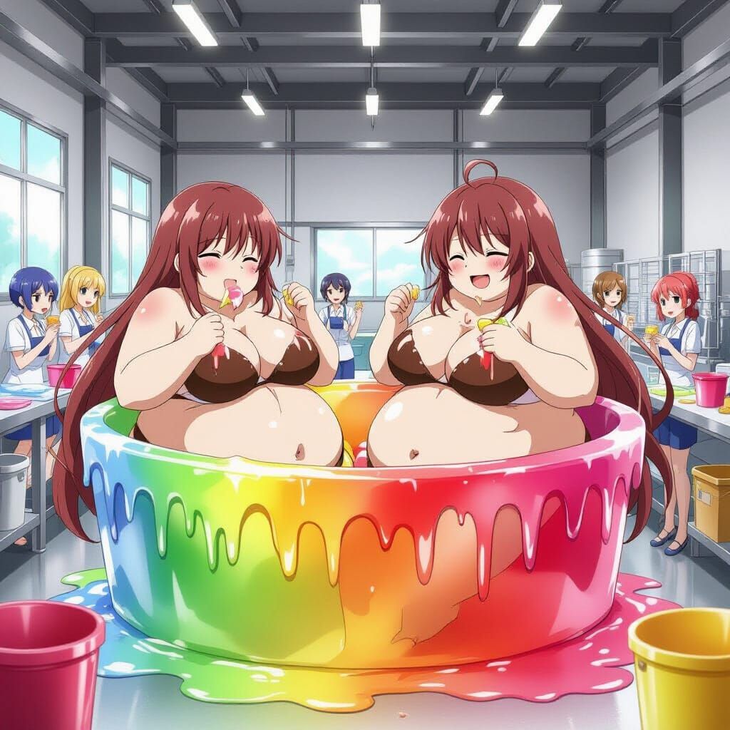 Anime Girls Covered in Jell-O in Factory Scene