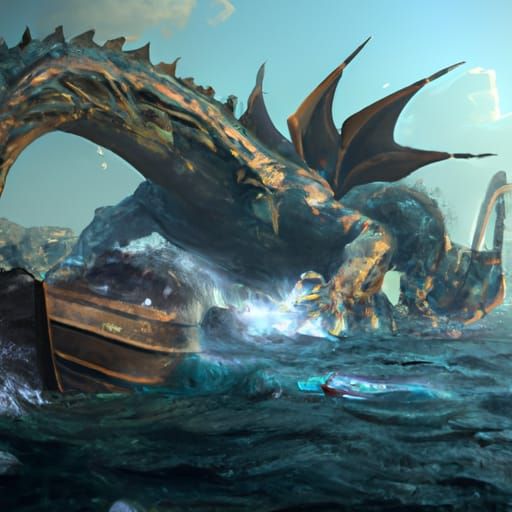 sea monster attacks ship in sever weather, dynamic lighting, Splash screen art, deep color, volumetric lighting, art by ...