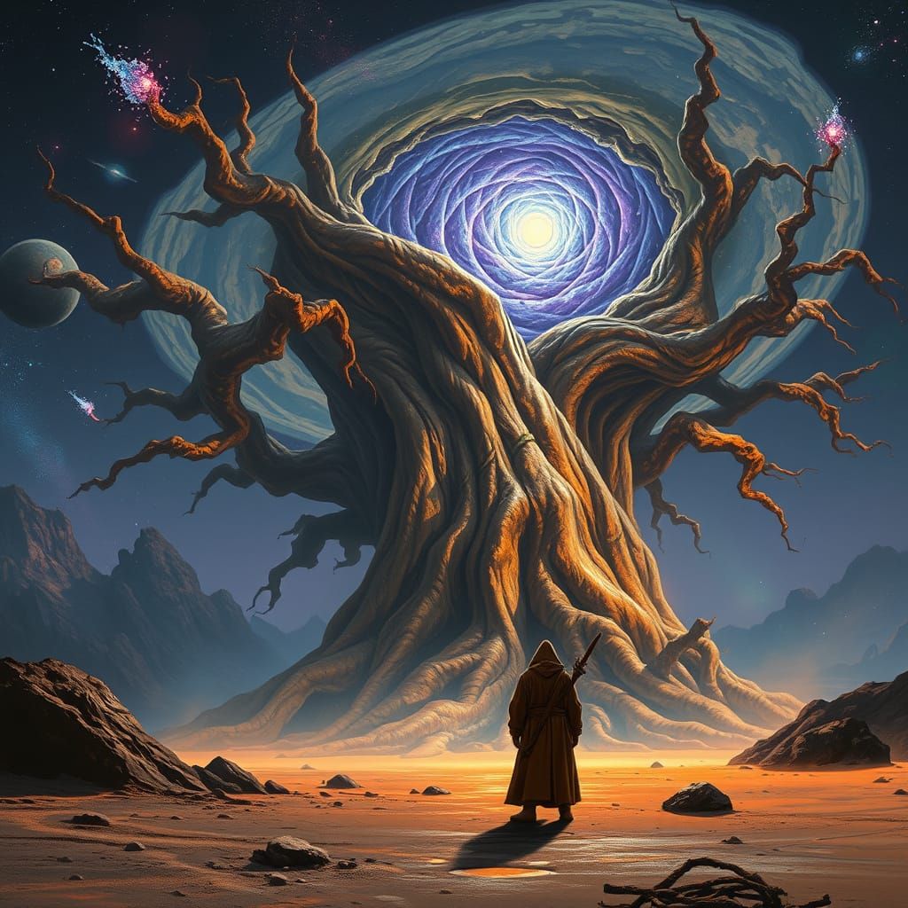 Alien Planet: Figure Gazing at Cosmic Vortex