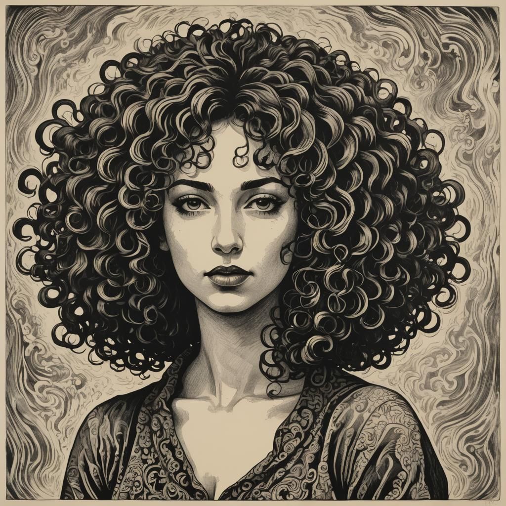 Woodcut of Woman with Curly Hair