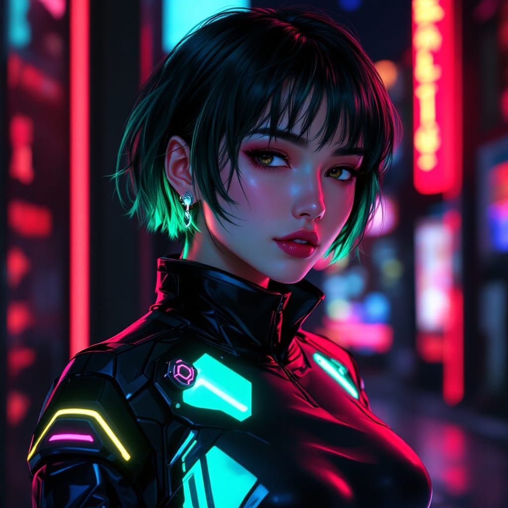 Cyberpunk Woman in Manga Style Neon Outfit