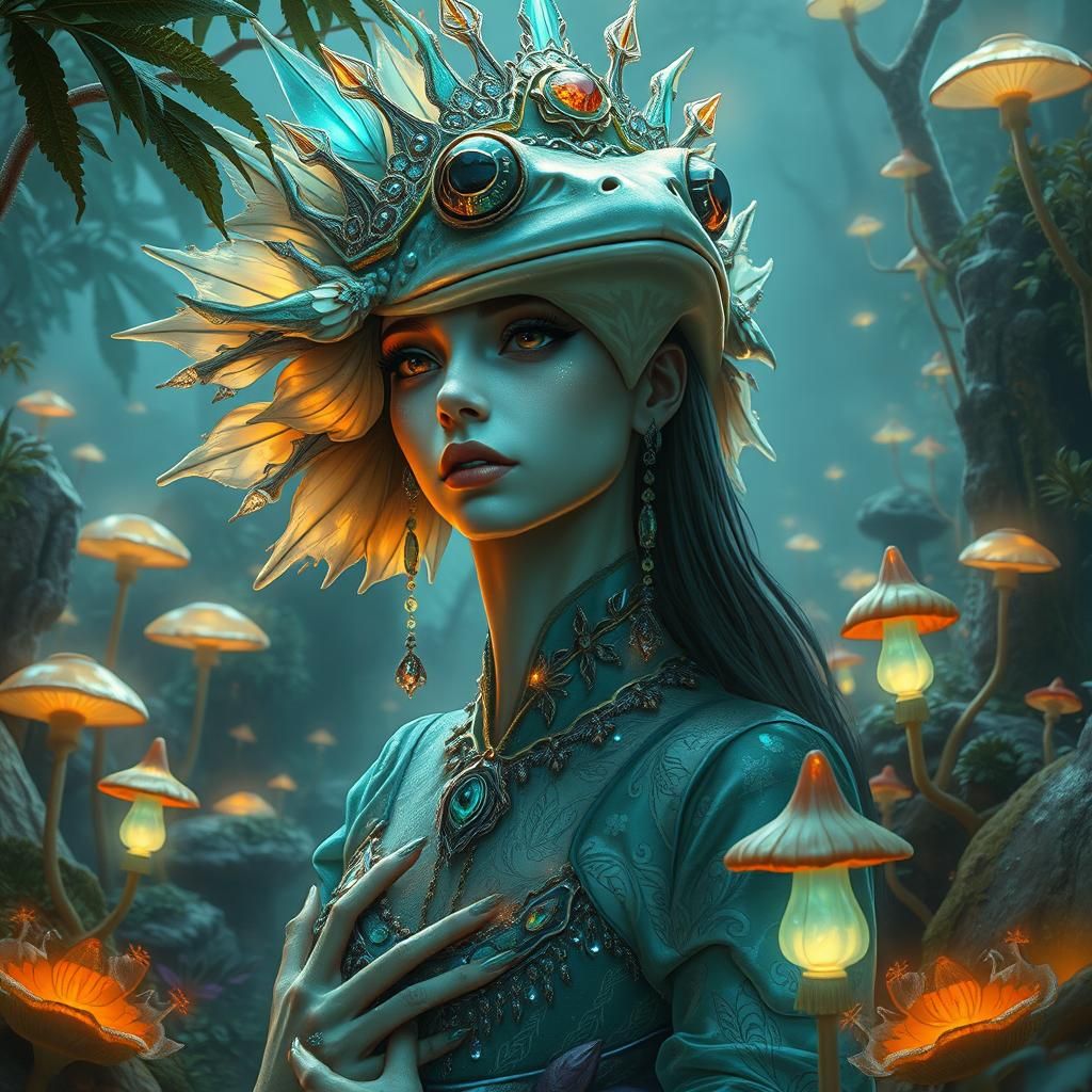 Ethereal Frog Woman in Alien Landscape