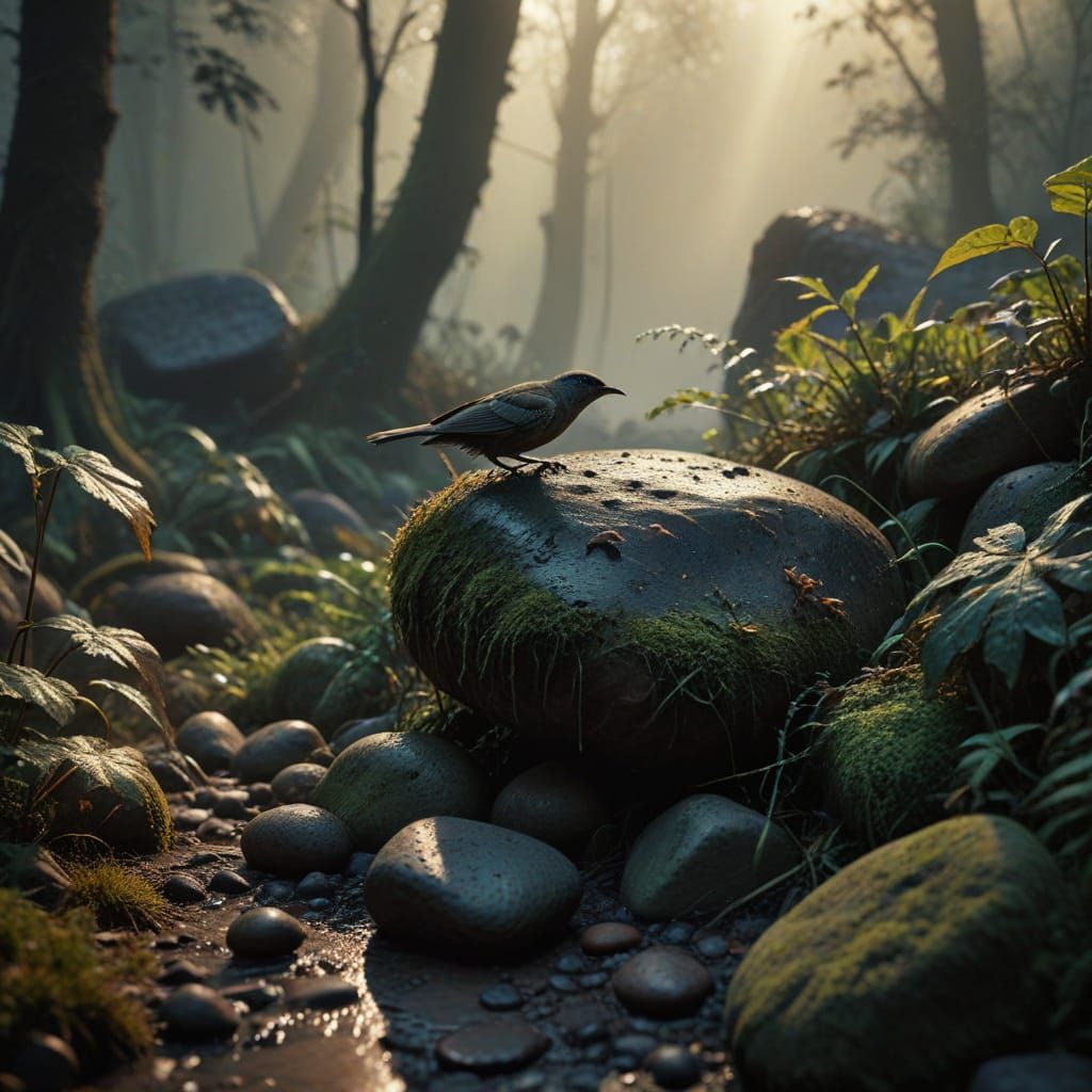 Mystical Woodland Scene with Rainworm and Bird