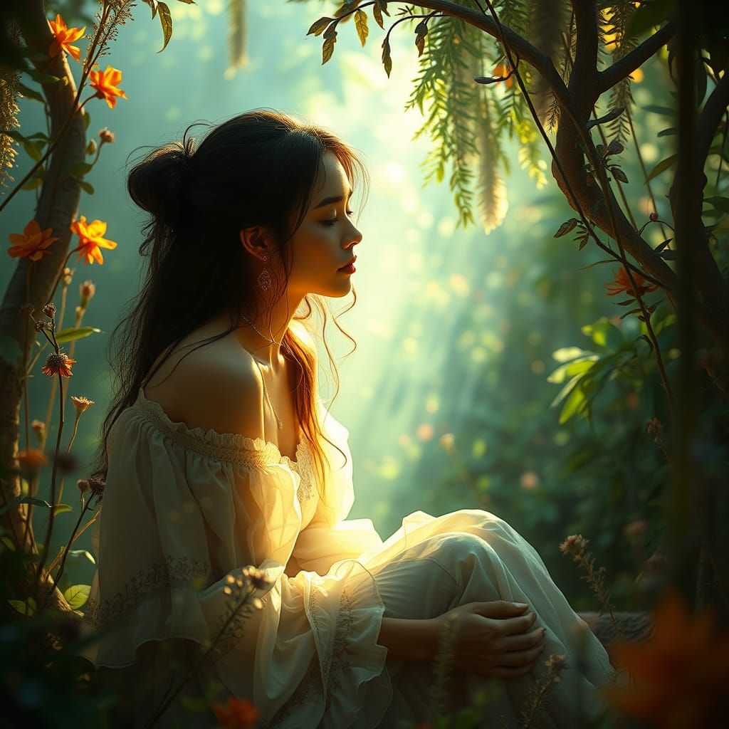 Serene Woman in Dreamy Landscape, Ethereal Beauty
