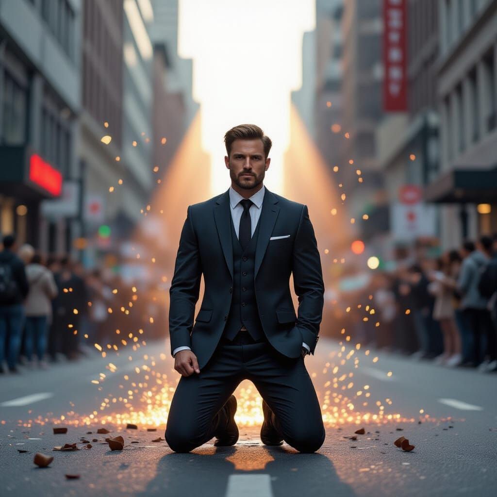 Victorious Warrior in Suit Rises in City