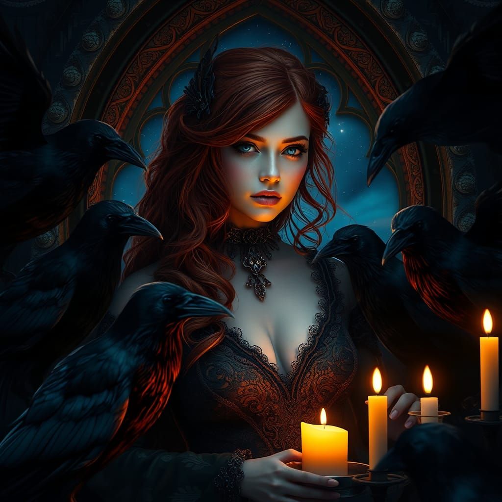 Gothic Woman with Ravens in Dark Fantasy Style