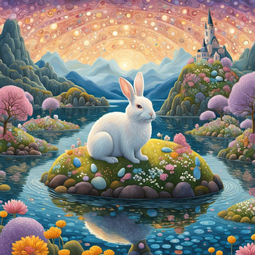 Easter Bunny Guardian of Dream Realm in Whimsical Klimt-Insp...